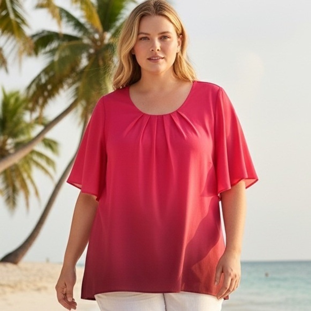 Catherines Ombre Pink Red Pleated Scoop Neck Butterfly Sleeve Tunic Top 2X